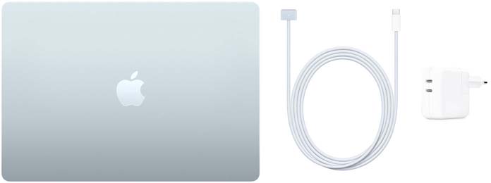 MacBook Air de 15 pulgadas, cable de USB-C a MagSafe 3 y adaptador de corriente de 35 W con dos puertos USB-C