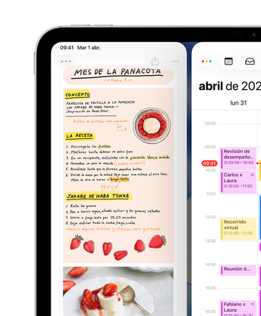 Un iPad, posición horizontal, la parte superior izquierda de la pantalla muestra las apps Notas y Calendario, dispuestas una al lado de la otra, como un ejemplo de la organización de ventanas en mosaico