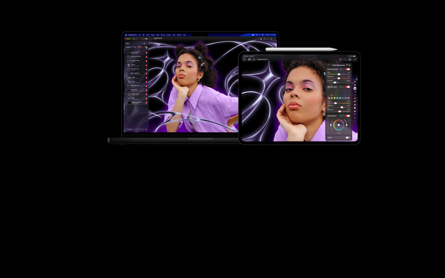 Imagen de una persona con trenzas y un suéter morado, fondo abstracto estilizado, un MacBook Pro de 16 pulgadas y un iPad Pro de 13 pulgadas se mueven con la imagen, las pantallas muestran el espacio de trabajo de Pixelmator Pro con el panel de capas al costado, edición de imágenes