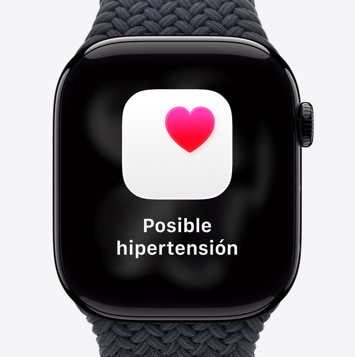 [Apple Watch Series 11, aluminum case, polished Jet Black color, possible hypertension health notification, pink heart in white box, right side exterior, Digital Crown, Sport Band, black color]