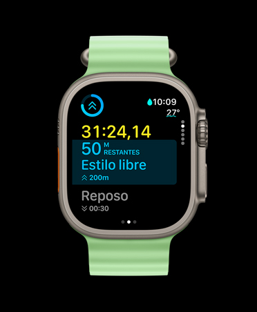 Apple Watch Ultra 3, color natural, caja de titanio, app Entrenamiento, datos de un entrenamiento personalizado, vista A Continuación, correa Ocean verde neón