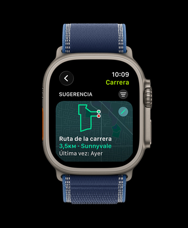 Apple Watch Ultra 3, color natural, caja de titanio, 	
Ruta de la Carrera, entrenamiento Carrera al Aire Libre, correa Trail, azul/azul brillante