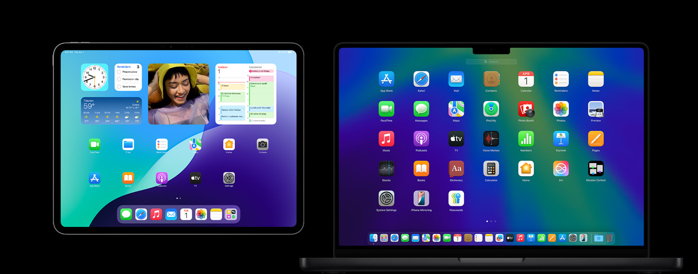 Un iPad y un Mac con varios íconos de apps. En el iPad hay diferentes widgets, como Calendario, Clima y Fotos.