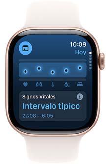Un Apple Watch muestra la nueva app Signos Vitales.