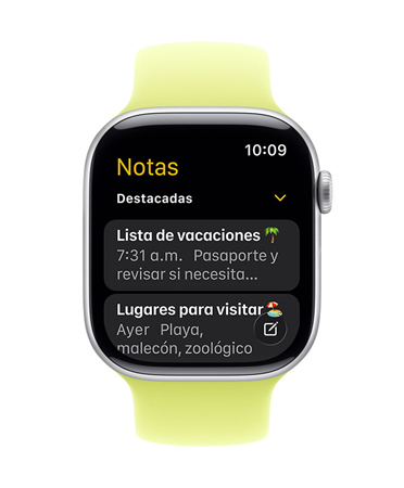 Un Apple Watch color plata con una correa trenzada peonía, en cuya pantalla se ve la app Notas con dos notas destacadas