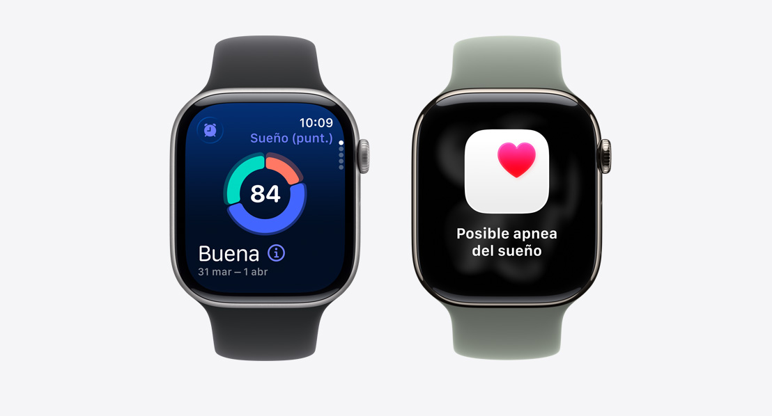 Dos Apple Watch Series 11, Puntuación de Sueño en la pantalla, notificación de posible apnea del sueño