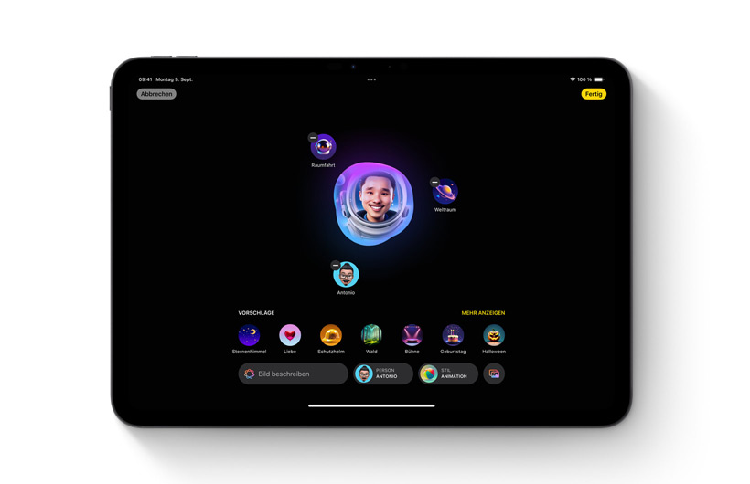 Die Image Playground App auf dem iPad. Ein individuelles Bild in der Mitte ist umgeben von verschiedenen Ideen und Schlagwörtern, mit denen es erstellt wurde.