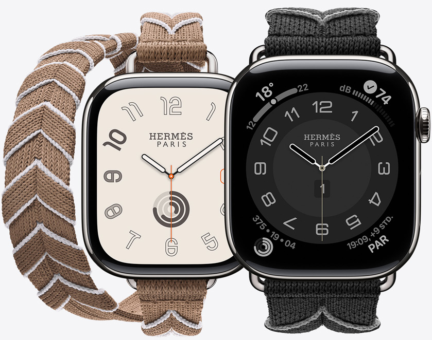 Vorderansicht der fortlaufend gestrickten Bridon Attelage Double Tour und Bridon Single Tour Armbänder in Beige de Weimar/Blanc (Beige/Weiß) und Noir/Gris (Schwarz/Grau) mit dem Hermès Radial Zifferblatt und dem Hermès Circulaire Zifferblatt.
