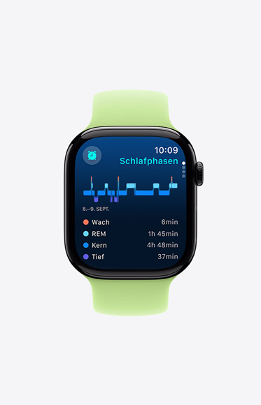 Die Schlafphasen in der Schlaf App zeigen, wie viel Zeit jemand wach und im REM‑, Kern‑ oder Tiefschlaf verbracht hat.