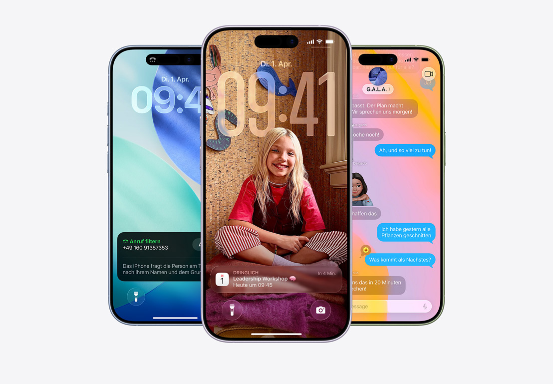 Ein iPhone Display mit einem Fenster für einen Anruffilter, ein iPhone Display mit Fenstern der Mail und Nachrichten Apps mit Liquid Glass Design, ein iPhone Display mit Nachrichten Thread mit Liquid Glass Hintergrund