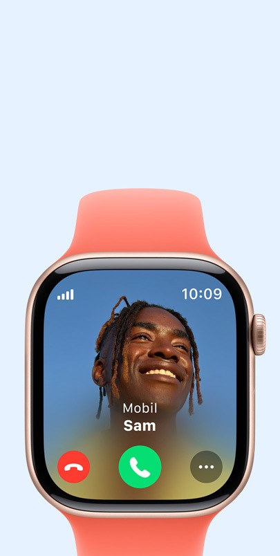 Die Apple Watch Series 10 mit einem eingehenden Anruf. Klick auf das Pluszeichen für weitere Infos zu Features für Konnektivität.