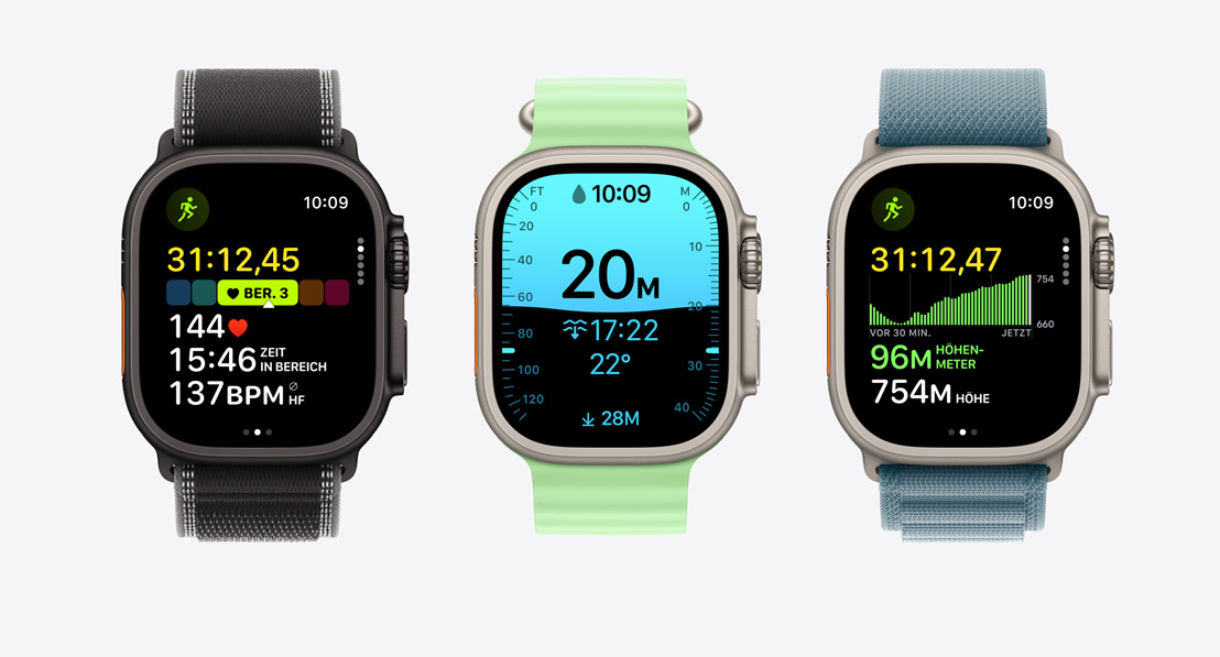 Apple Watch Ultra 3, Trainings-App Displays: Laufen, Tauchen, Radfahren