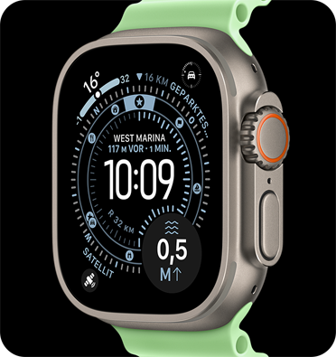Apple Watch Ultra 3 mit einem Titangehäuse in Silber und einem Loop Armband in Grün.