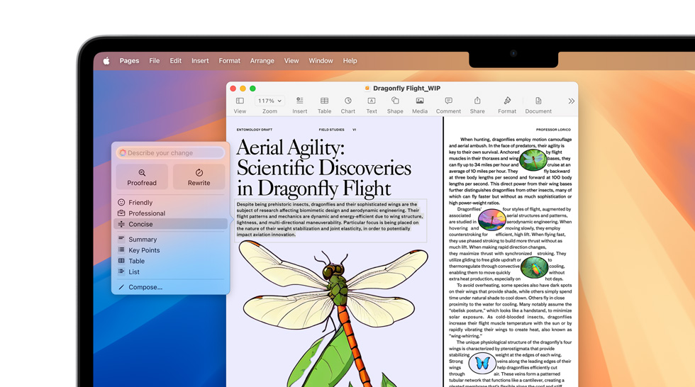 Kiili lendamisest kirjutatud teadusdokumendi lühendamine, kasutades Apple Intelligence'i kirjutamistööriistu