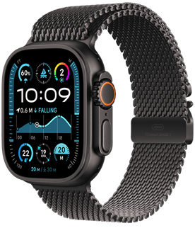 Apple Watch Ultra 2 musta titaaniumkorpuse ja Black Titanium Milanese Loop rihmaga.