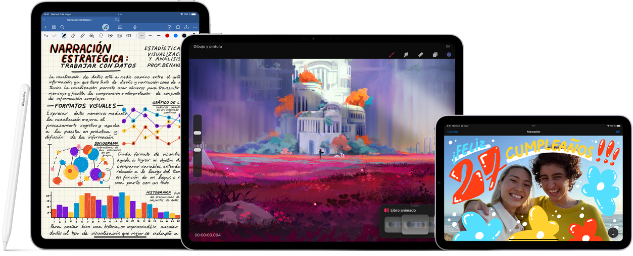 iPad Pro en horizontal que muestra un colorido dibujo en la pantalla. A la izquierda, un iPad en vertical que muestra notas manuscritas con un Apple Pencil Pro apoyado sobre el lateral. A la derecha, vista horizontal del iPad mini que muestra una foto con efectos dibujados a mano. Delante del iPad Pro y el iPad mini hay un Apple Pencil con USB-C apoyado en horizontal.