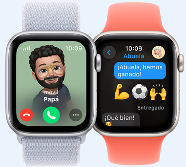 Dos Apple Watch. Uno con una foto de papá llamando. El otro con un mensaje de texto a la abuela que dice «Abuela, hemos ganado el partido».