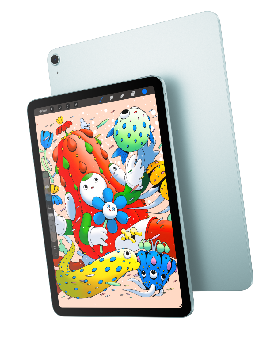 Parte delantera exterior, iPad Air de 11 pulgadas que muestra la app Procreate y se solapa con la parte trasera exterior de un iPad Air azul