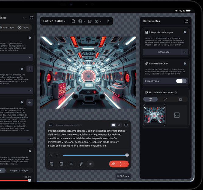 iPad Pro, parte delantera exterior, la pantalla muestra un clip de vídeo de una nave espacial futurista junto a varias herramientas de edición y funciones de IA abiertas, como el intérprete de imágenes y CLIP Score