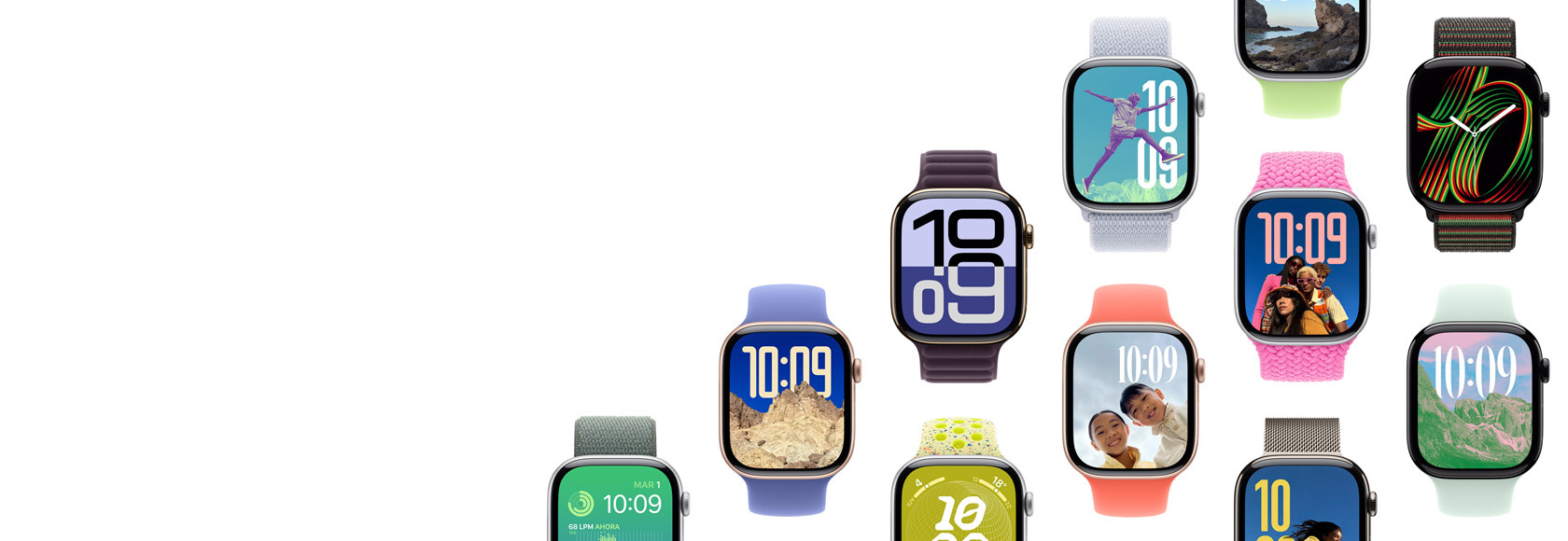 Many different case, band, and watch faces combinations to show the possibilities.