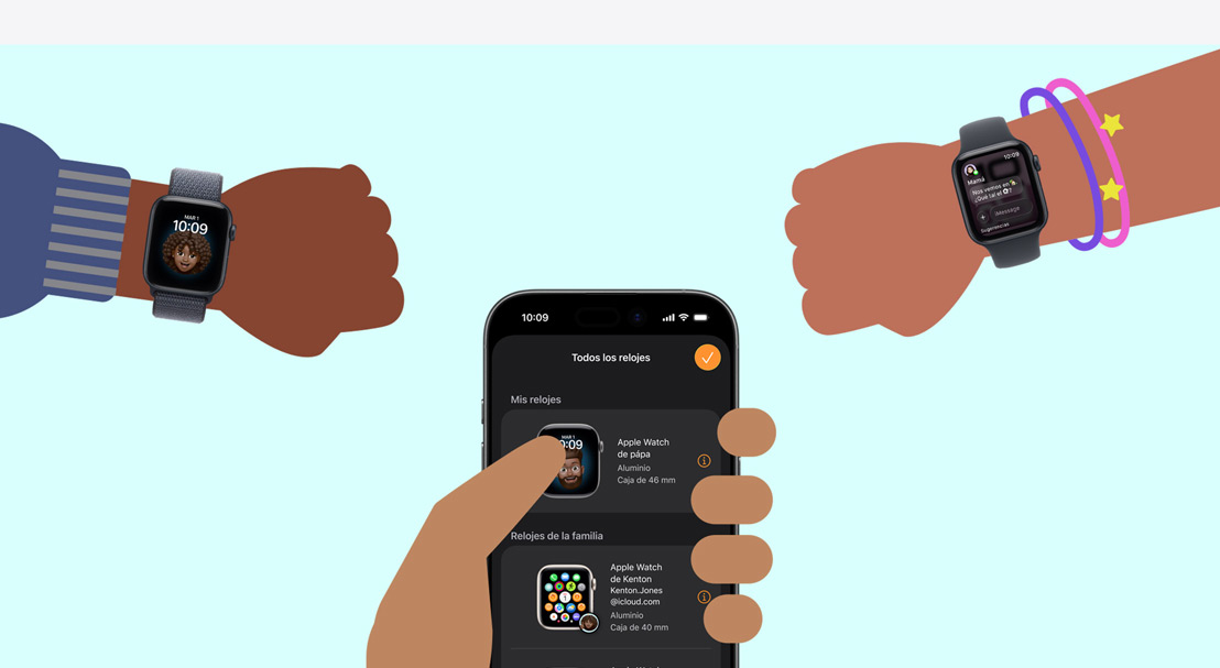 Ilustración de dos muñecas infantiles con Apple Watch SE 3, una mano adulta sostiene un iPhone 17