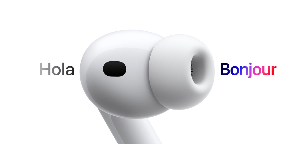 AirPods Pro 3, écouteur avec embout en silicone, Traduction en direct remplace le texte en espagnol « hola » par le texte en français « bonjour »