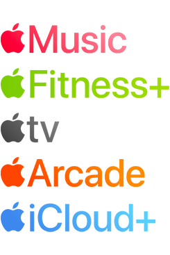 Logotipos de servicios de suscripción de Apple, como Apple Music, Fitness+, Apple TV, Apple Arcade y iCloud+
