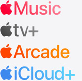 Icônes des apps Apple Music, Apple Fitness+, Apple TV+, Apple Arcade et iCloud+