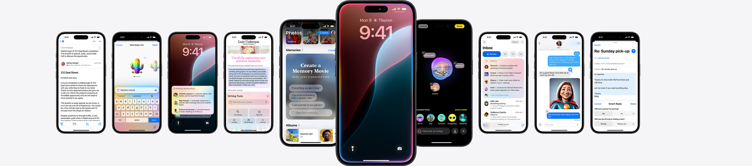 Statisches Bild mehrerer iPhones, die Apple Intelligence Features zeigen.