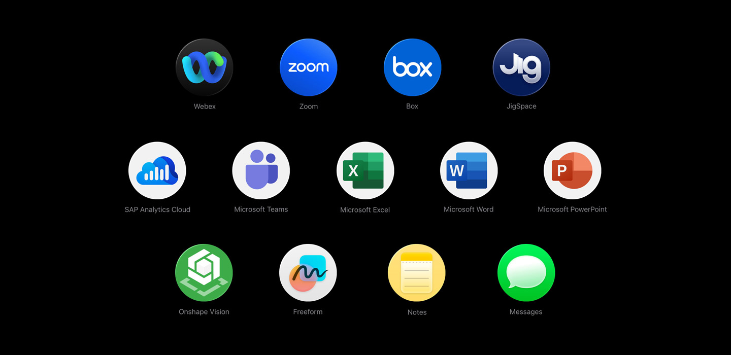Plusieurs icônes d’apps disposées ici et là, dont Webex, Zoom, Box, JigSpace, SAP Analytics Cloud, Microsoft Teams, Microsoft Excel, Microsoft Word, Microsoft PowerPoint, Onshape Vision, Freeform, Notes et Messages