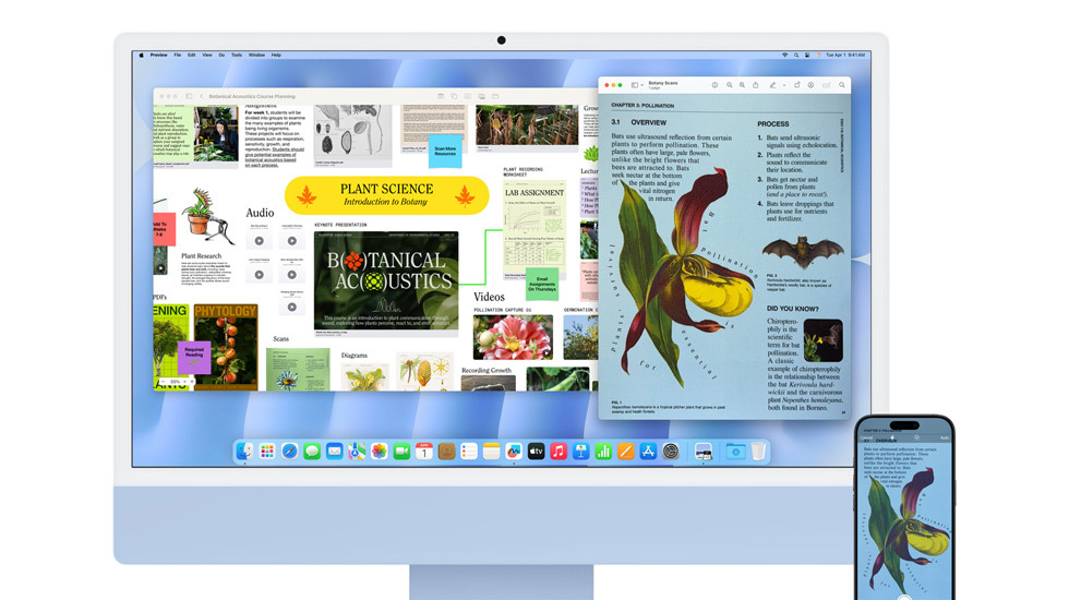 Färgstarkt innehåll visas på en Mac och en iPhone.