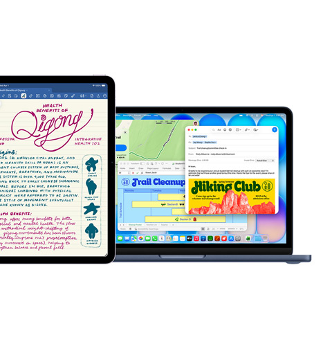 Ecrã do iPad com o Goodnotes; um ecrã do Mac com várias apps a serem usadas ao mesmo tempo