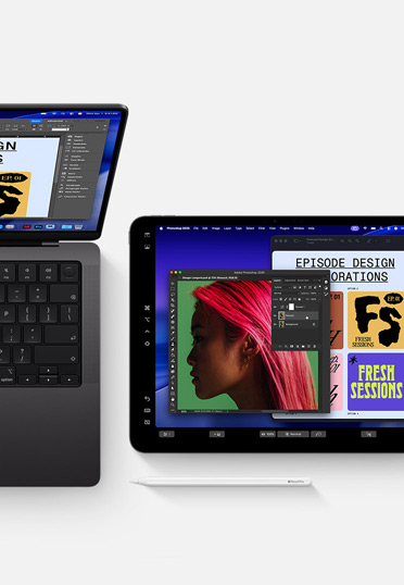 MacBook e iPad com Apple Pencil, ambos com o ecrã a mostrar o mesmo software de design gráfico para demonstrar a continuidade entre dispositivos.