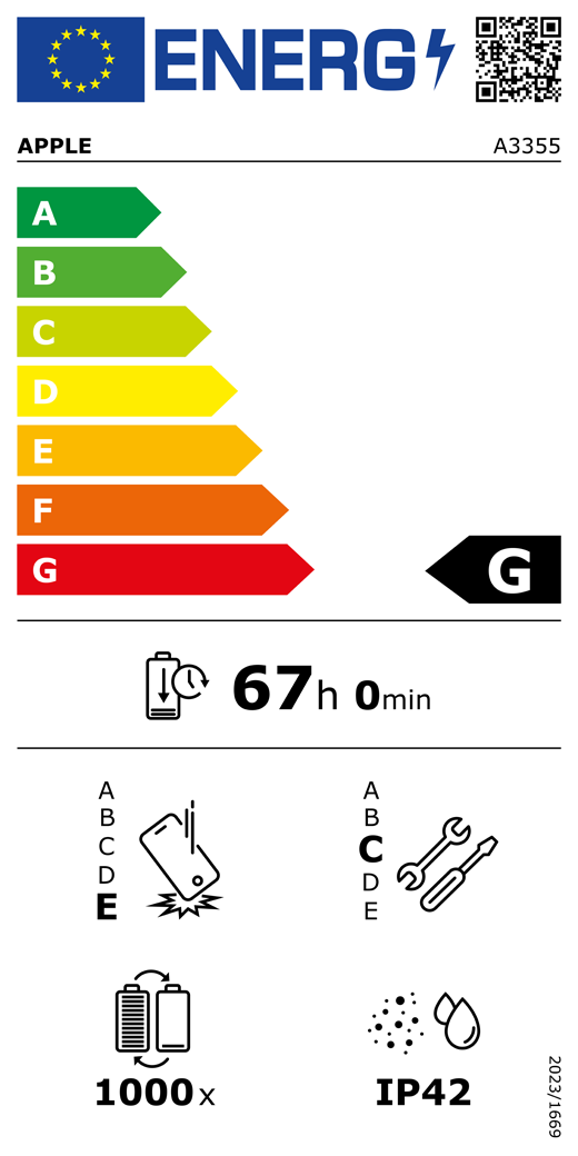 Etichetta energetica UE, codice QR e informazioni, modello Apple A3355, classe G, classi di efficienza energetica (con una scala da A a G), da A (efficienza massima) a G (efficienza minima), l’autonomia della batteria per ciclo è 67 ore e 0 minuti per ogni carica completa, la classe di affidabilità in caso di caduta libera ripetuta è E, da A (robustezza massima) a E (robustezza minima), la classe di riparabilità è C, da A (riparabilità massima) a E (riparabilità minima), la durata della batteria in cicli è 1000, il grado di protezione dall’ingresso di polvere e acqua (IP) è IP42, regolamento 2023/1669.