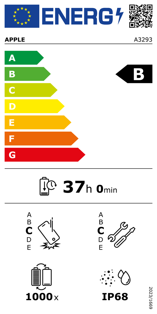 Código QR e información de la etiqueta energética de la UE, modelo A3293 de Apple, clase B, clases de eficiencia energética (con una escala de la A a la G), de la A (la más eficiente) a la G (la menos eficiente), duración de la batería por ciclo, 37 horas y 0 minutos por carga completa de la batería, fiabilidad en caídas repetidas de clase C, de la A (la más robusta) a la E (la menos robusta), reparabilidad de clase C, de la A (la más reparable) a la E (la menos reparable), 1.000 ciclos de carga de la batería, grado de protección contra la entrada de polvo y agua (IP) IP68, normativa 2023/1669