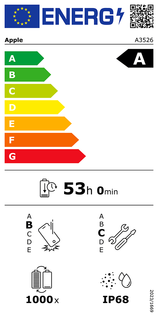 Código QR e información de la etiqueta energética de la UE, modelo A3526 de Apple, clase A, clases de eficiencia energética (con una escala de la A a la G), de la A (la más eficiente) a la G (la menos eficiente), duración de la batería por ciclo, 53 horas y 0 minutos por carga completa de la batería, fiabilidad en caída libre repetida de clase B, de la A (la más robusta) a la E (la menos robusta), reparabilidad de clase C, de la A (la más reparable) a la E (la menos reparable), 1.000 ciclos de carga de la batería, grado de protección contra la entrada de polvo y agua (IP) IP68, normativa 2023/1669.