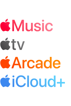 Logoer for Apples abonnementstjenester, blant annet Apple Music, Apple TV+, Apple Arcade og iCloud+.