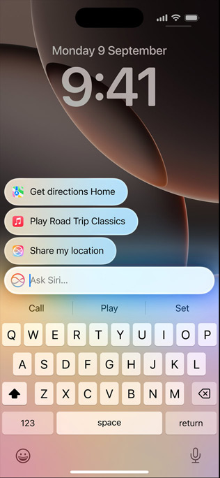 Omarbetade Siri och Skriv till Siri visas på iPhone 16 Pro.