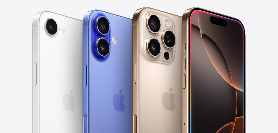 Cuatro dispositivos iPhone: un iPhone 16 Pro en titanio color desierto que muestra los tres objetivos de las cámaras, detrás otro iPhone 16 Pro que muestra la Dynamic Island, un iPhone 16 en azul ultramar que muestra los dos objetivos de las cámaras y un iPhone 16e en blanco que muestra el objetivo de la cámara.