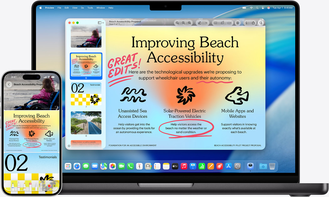 iPhone og MacBook side om side viser spejlningseffekten på MacBook Widgets for Kalender og Noter nær toppen af skærmen, apps nær bunden