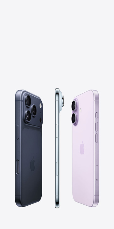 iPhone 17 Pro, parte trasera exterior, sistema de cámaras Fusion Pro que abarca la parte superior, iPhone Air, lateral de titanio ultrafino, iPhone 17, parte trasera exterior, sistema avanzado de cámara dual en la esquina superior izquierda