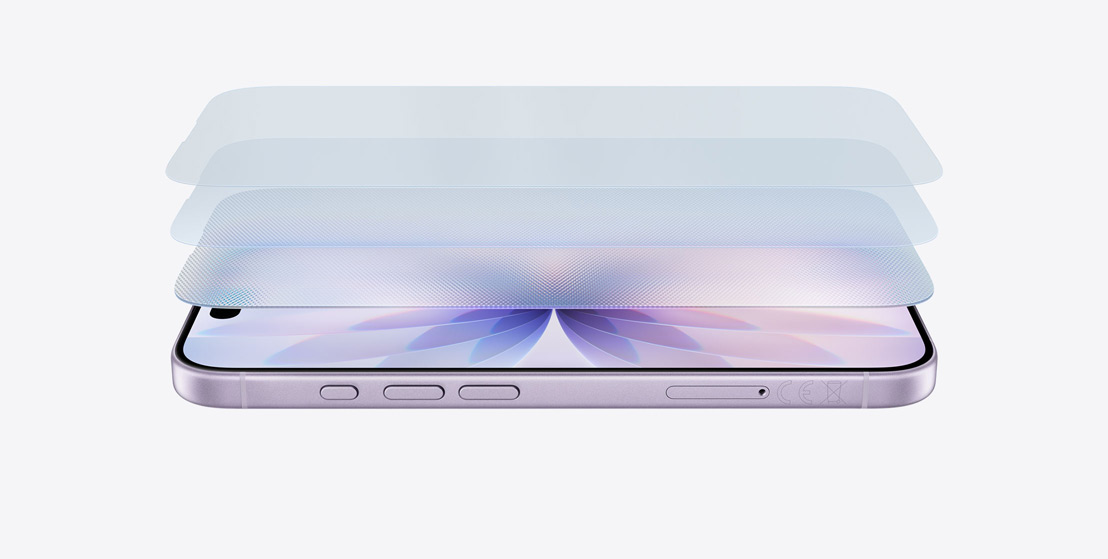 iPhone 17 en acabado lavanda colocado en horizontal, diseño en capas que destaca el Ceramic Shield 2