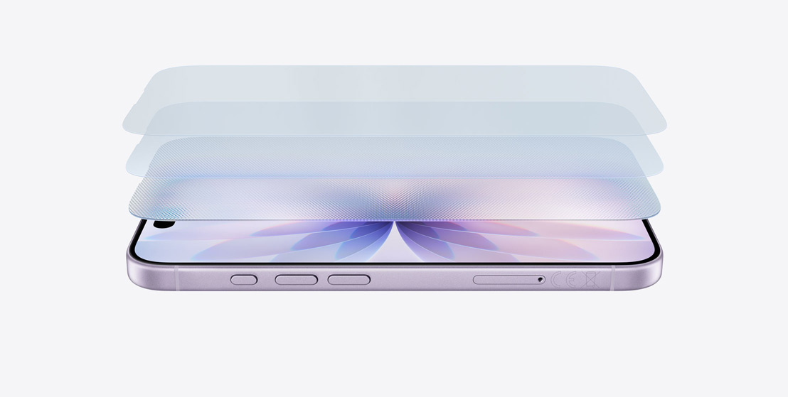 iPhone 17 en acabado lavanda colocado en horizontal, diseño en capas que destaca el Ceramic Shield 2