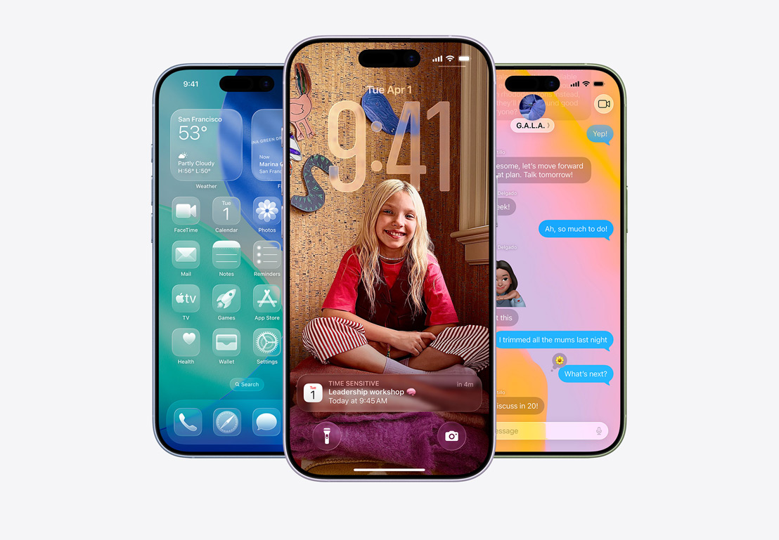 iPhone-skærm viser pop-op-meddelelse om filtrering af opkald, iPhone-skærm viser pop-op-meddelelser fra Mail og Beskeder i Liquid Glass-design, iPhone-skærm viser en samtale i Beskeder over en Liquid Glass-baggrund