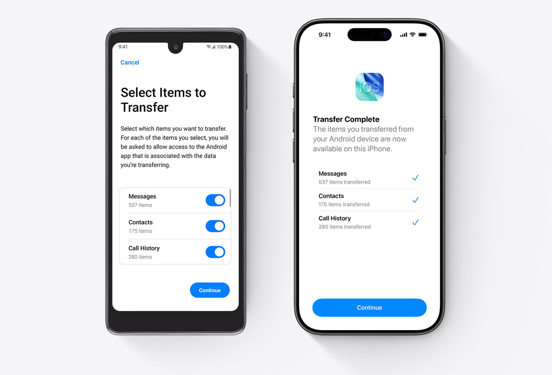 Sida vid sida, Android-skärm som visar appen Flytta till iOS, iPhone-skärm som visar appen Flytta till iOS