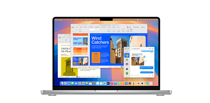 Demonstration von Apps wie Microsoft PowerPoint und Nachrichten auf dem MacBook Pro M4.
