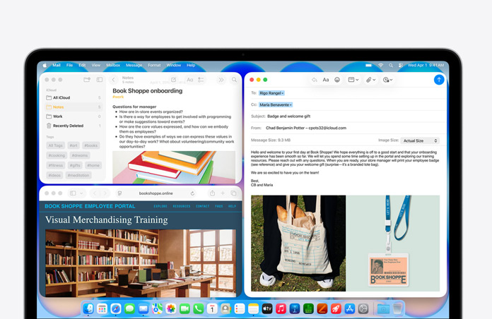 MacBook Neo, indigo colour, screen shows composing a welcome email to new employee of bookstore, other tiled windows contain Notes document about onboarding and bookstore's employee portal website in Safari