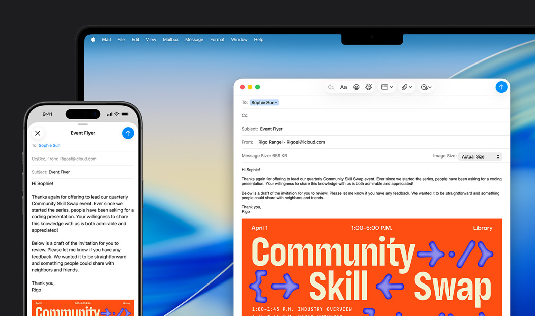 iPhone 16 Plus y MacBook Pro, app Mail abierta, aparece el mismo borrador de un email en ambas pantallas