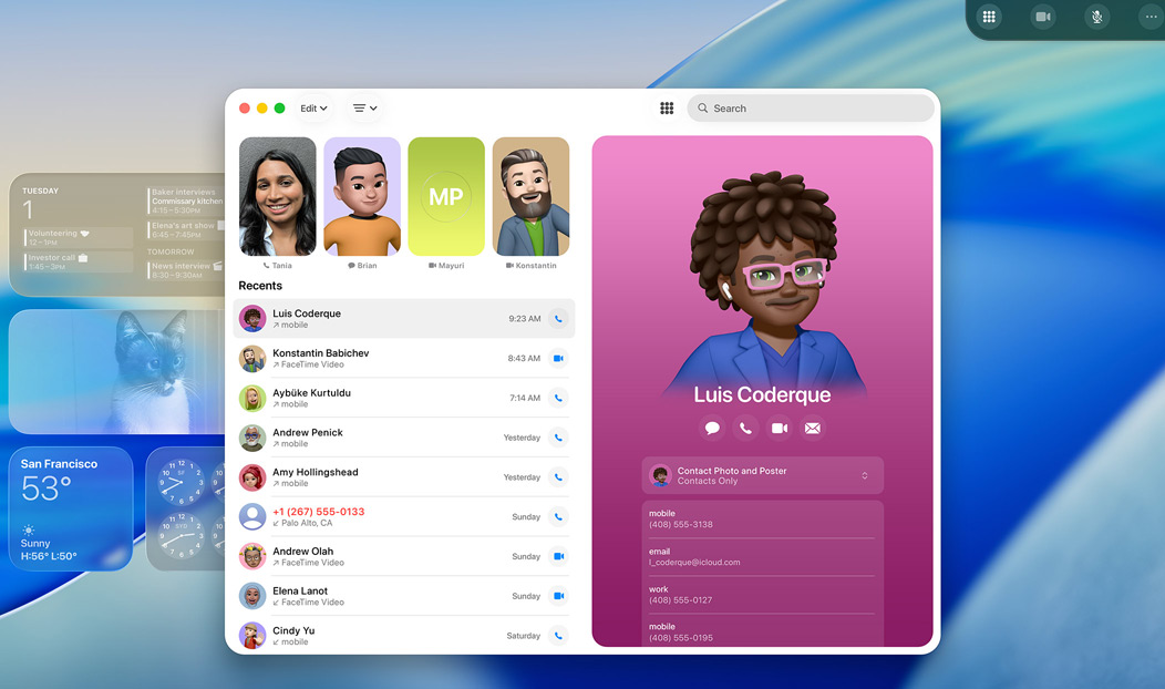 MacBook Pro, app Teléfono abierta, aparece un contacto de una llamada reciente