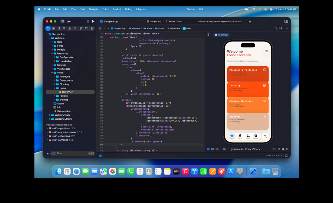 Pantalla de un MacBook Pro que muestra a una persona programando una app para un hackatón multilingüe en Xcode